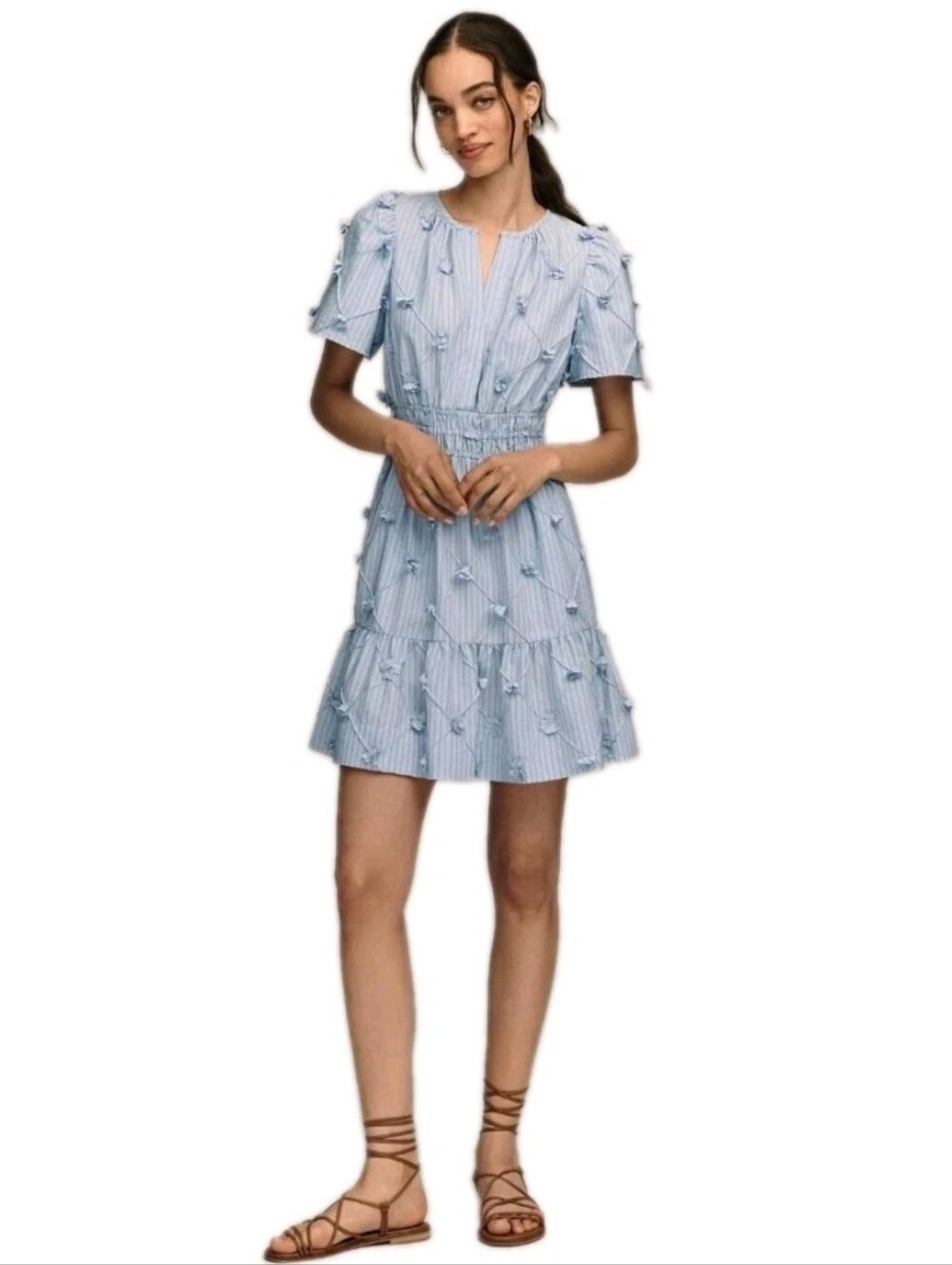 Anthropologie Somerset 3D Floral Blue Smocked Waist Pullover Minidress Sz: XXS